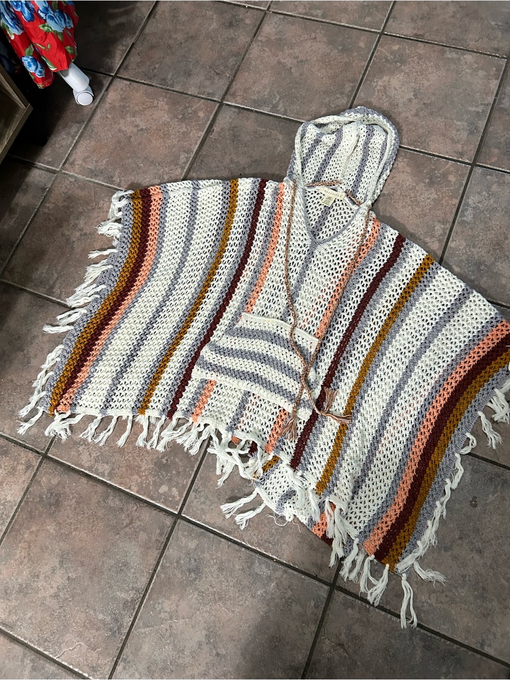 lovestitch Hooded Crochet Poncho in Cream, Rust, Mustard, Gray, Blue